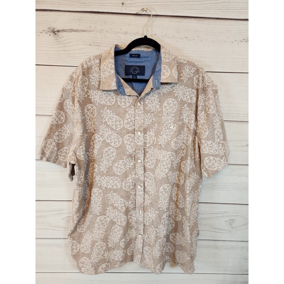 Even Tide Men's‎ Tan Pineapple Short Sleeve Hawaiian Button Down Shirt Size XXL - Picture 1 of 6